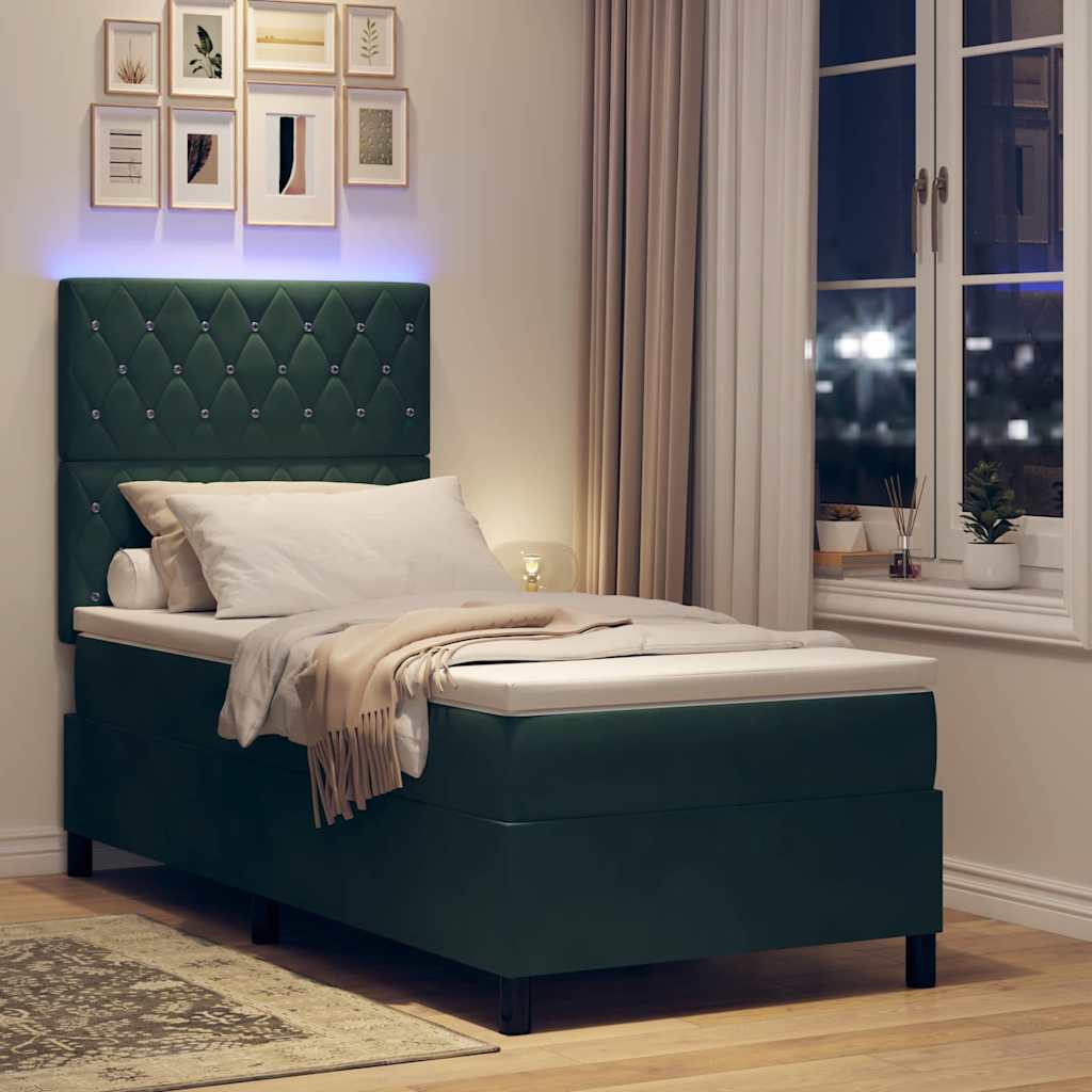 LED Box Spring Bed med madras Mørkegrøn 90 x 190 cm Fløjl