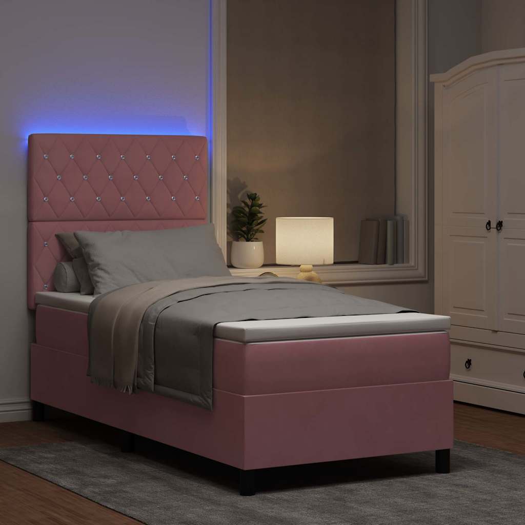 LED Box Spring Bed med madras Lyserød 90 x 190 cm Fløjl