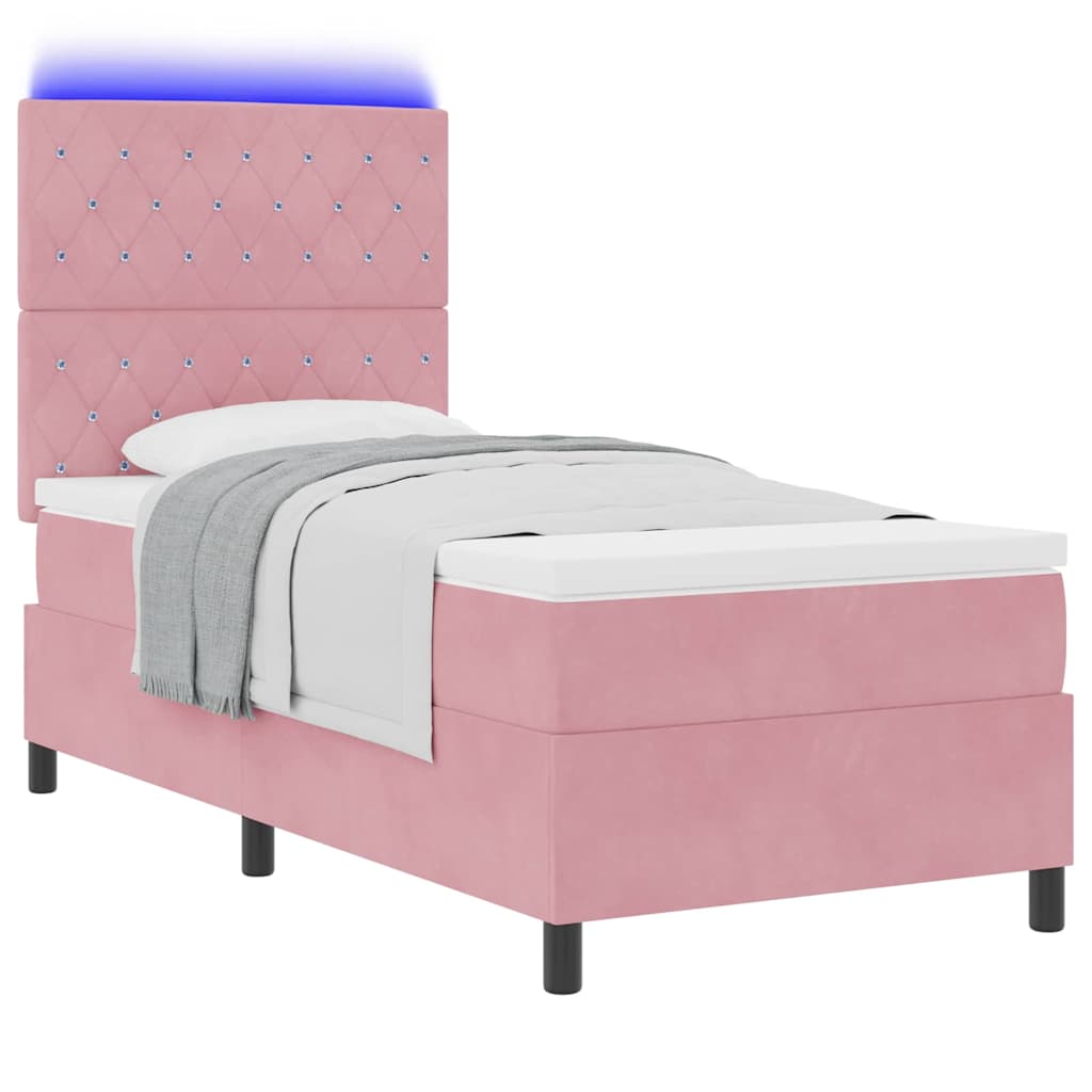LED Box Spring Bed med madras Lyserød 90 x 190 cm Fløjl