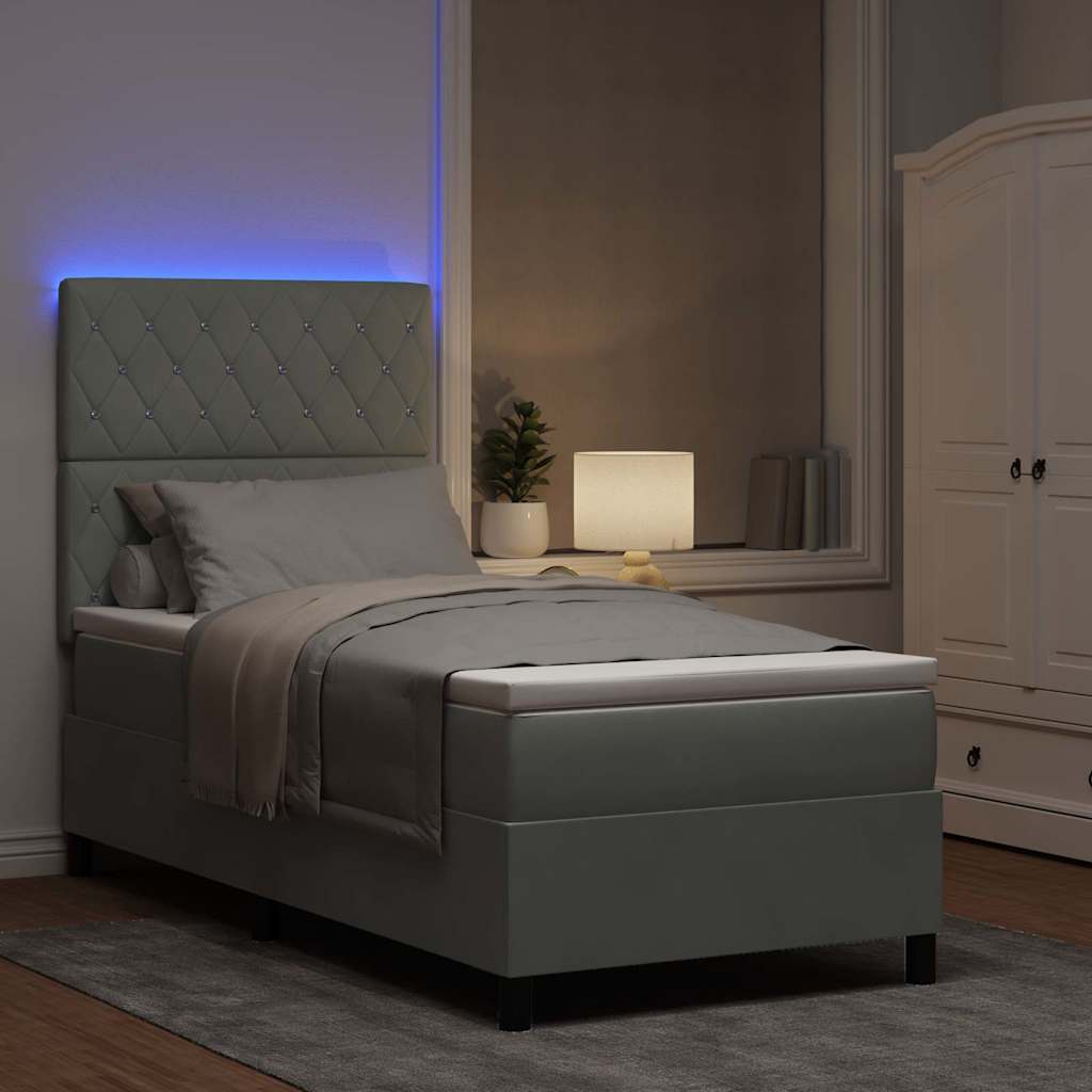 LED Box Spring Bed med madras Lysegrå 90 x 200 cm Fløjl
