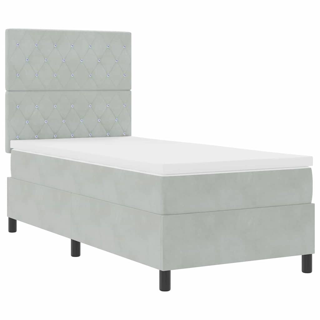 LED Box Spring Bed med madras Lysegrå 90 x 200 cm Fløjl