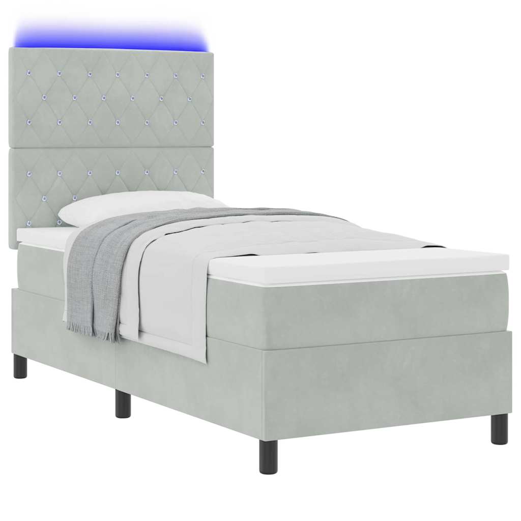 LED Box Spring Bed med madras Lysegrå 90 x 200 cm Fløjl