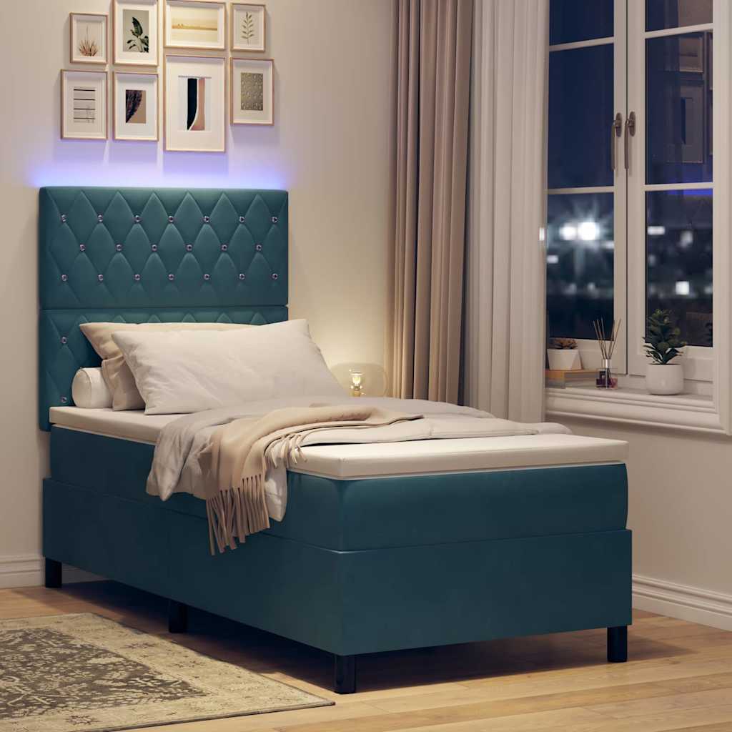 LED Box Spring Bed med madras Mørk blå 90 x 200 cm Fløjl
