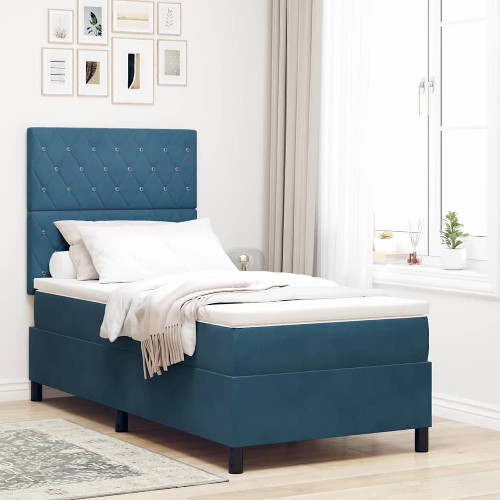 LED Box Spring Bed med madras Mørk blå 90 x 200 cm Fløjl