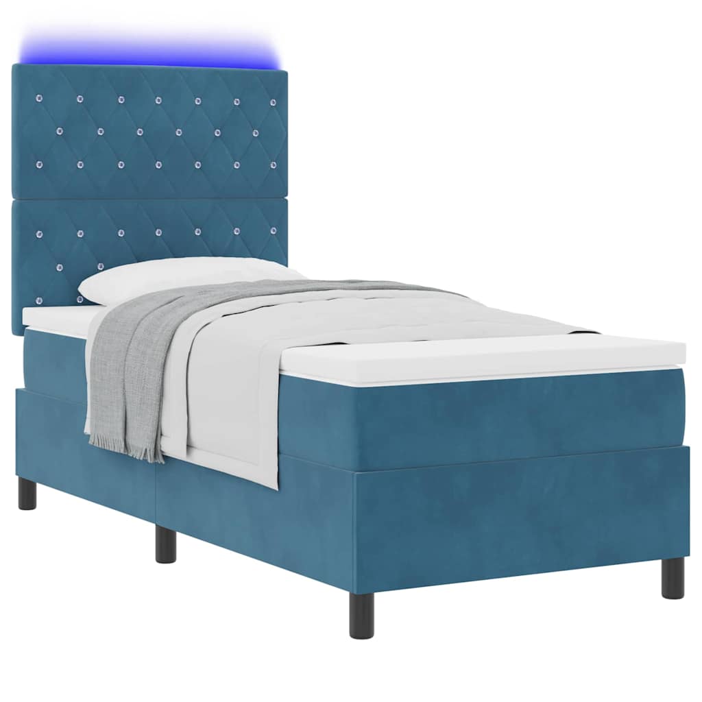 LED Box Spring Bed med madras Mørk blå 90 x 200 cm Fløjl
