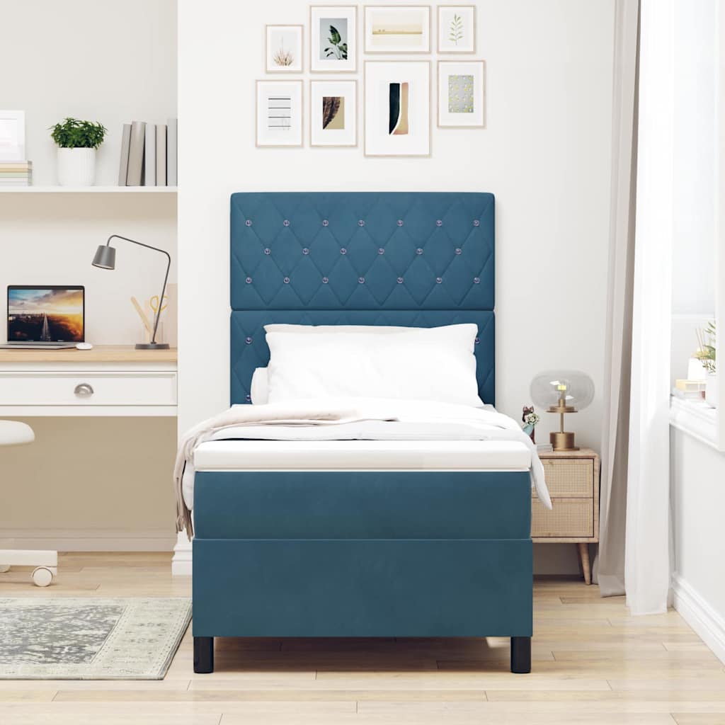 LED Box Spring Bed med madras Mørk blå 100 x 200 cm Fløjl