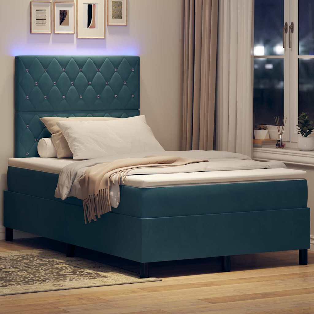LED Box Spring Bed med madras Mørk blå 120 x 190 cm Fløjl