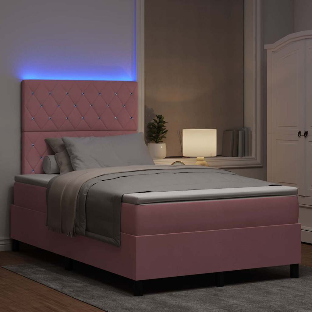 LED Box Spring Bed med madras Lyserød 120 x 190 cm Fløjl