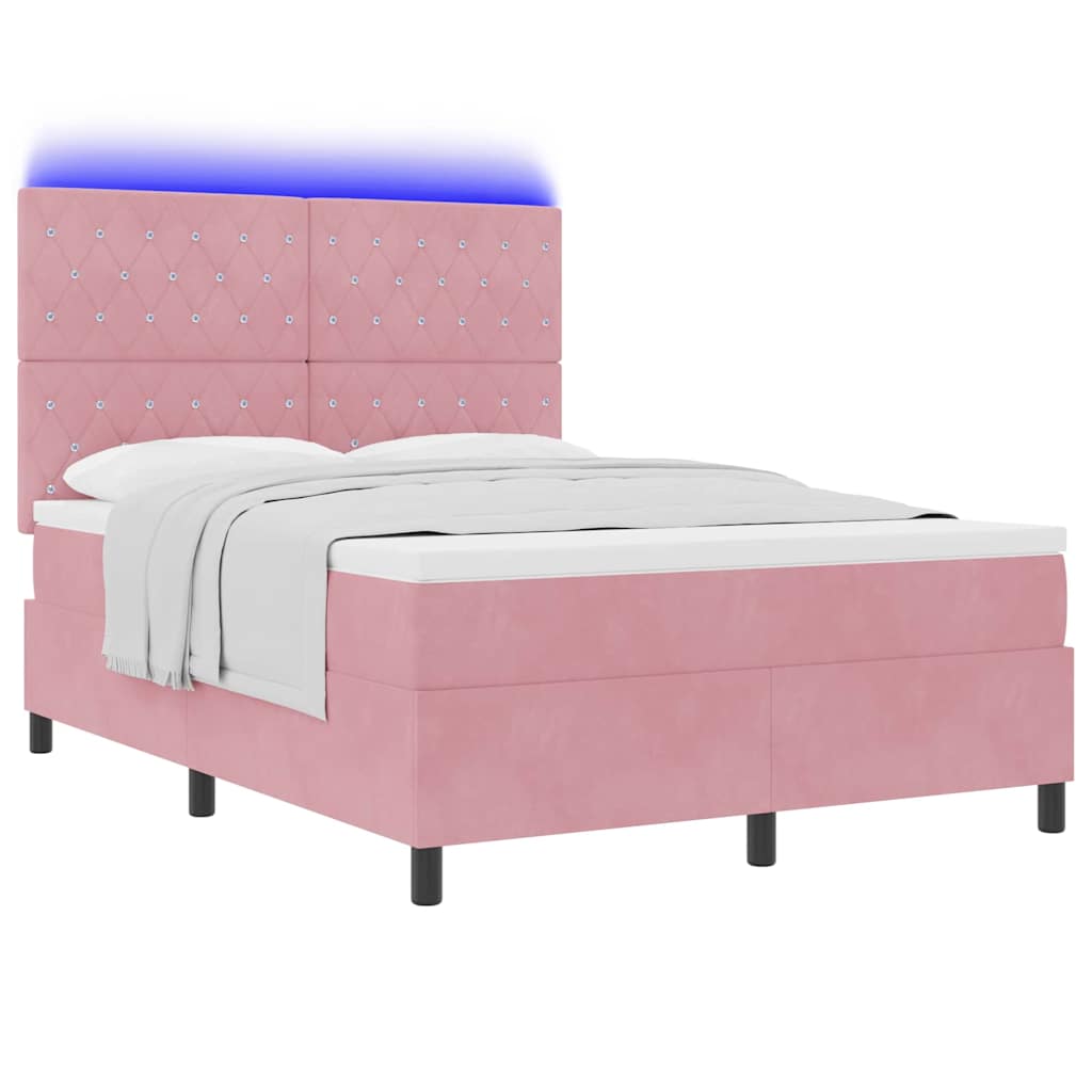 LED Box Spring Bed med madras Lyserød 140 x 200 cm Fløjl