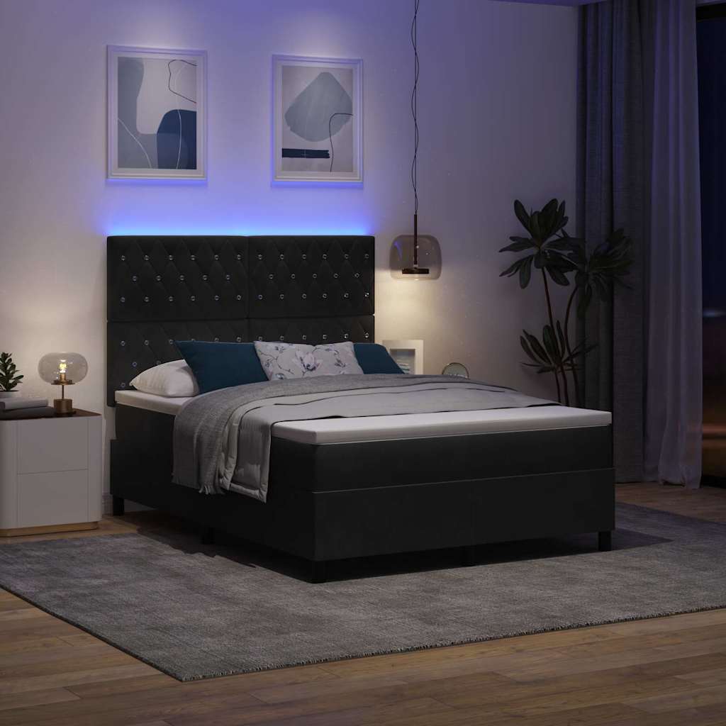 LED Box Spring Bed med madras Sort 160 x 200 cm Fløjl