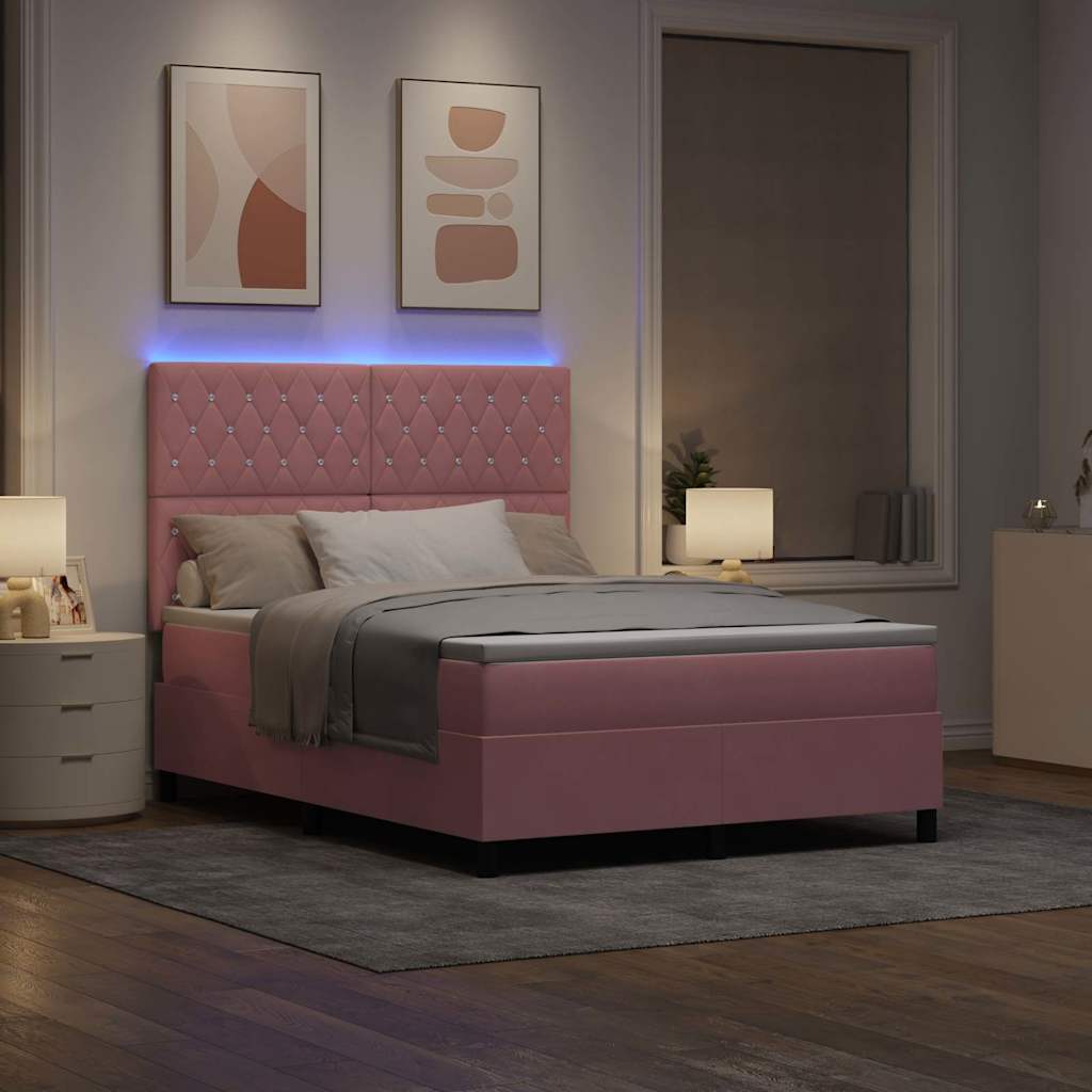 LED Box Spring Bed med madras Lyserød 160 x 200 cm Fløjl