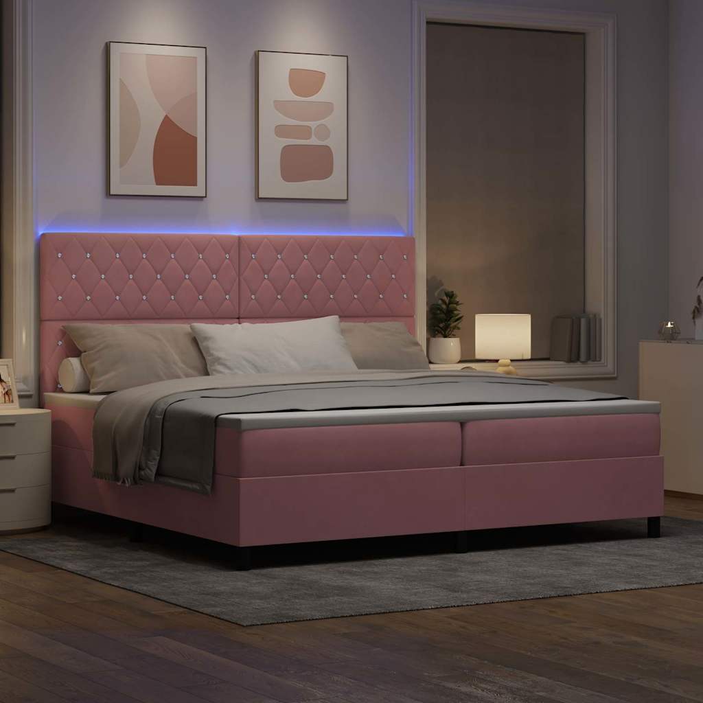 LED Box Spring Bed med madras Lyserød 200 x 200 cm Fløjl