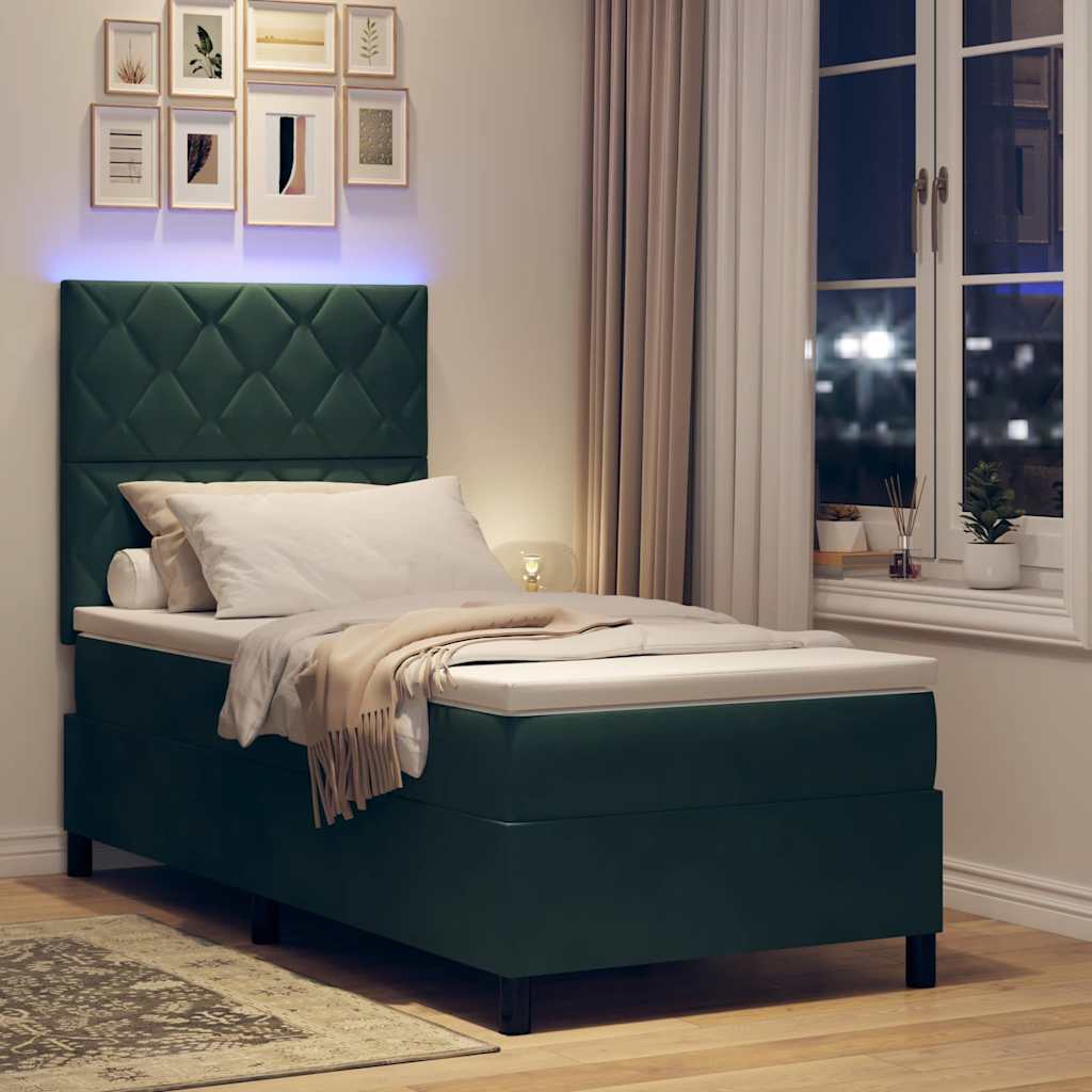 LED Box Spring Bed med hovedgærde Mørkegrøn 90 x 190 cm Fløjl