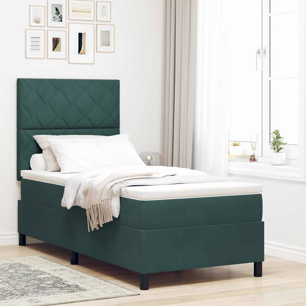 LED Box Spring Bed med hovedgærde Mørkegrøn 90 x 190 cm Fløjl