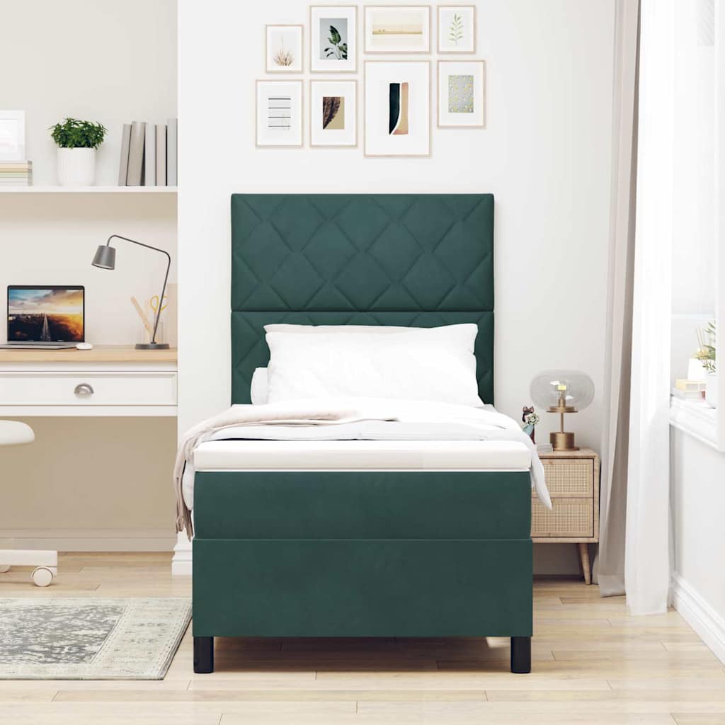 LED Box Spring Bed med hovedgærde Mørkegrøn 90 x 190 cm Fløjl