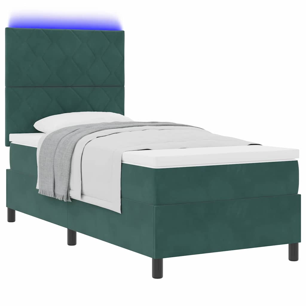 LED Box Spring Bed med hovedgærde Mørkegrøn 90 x 190 cm Fløjl