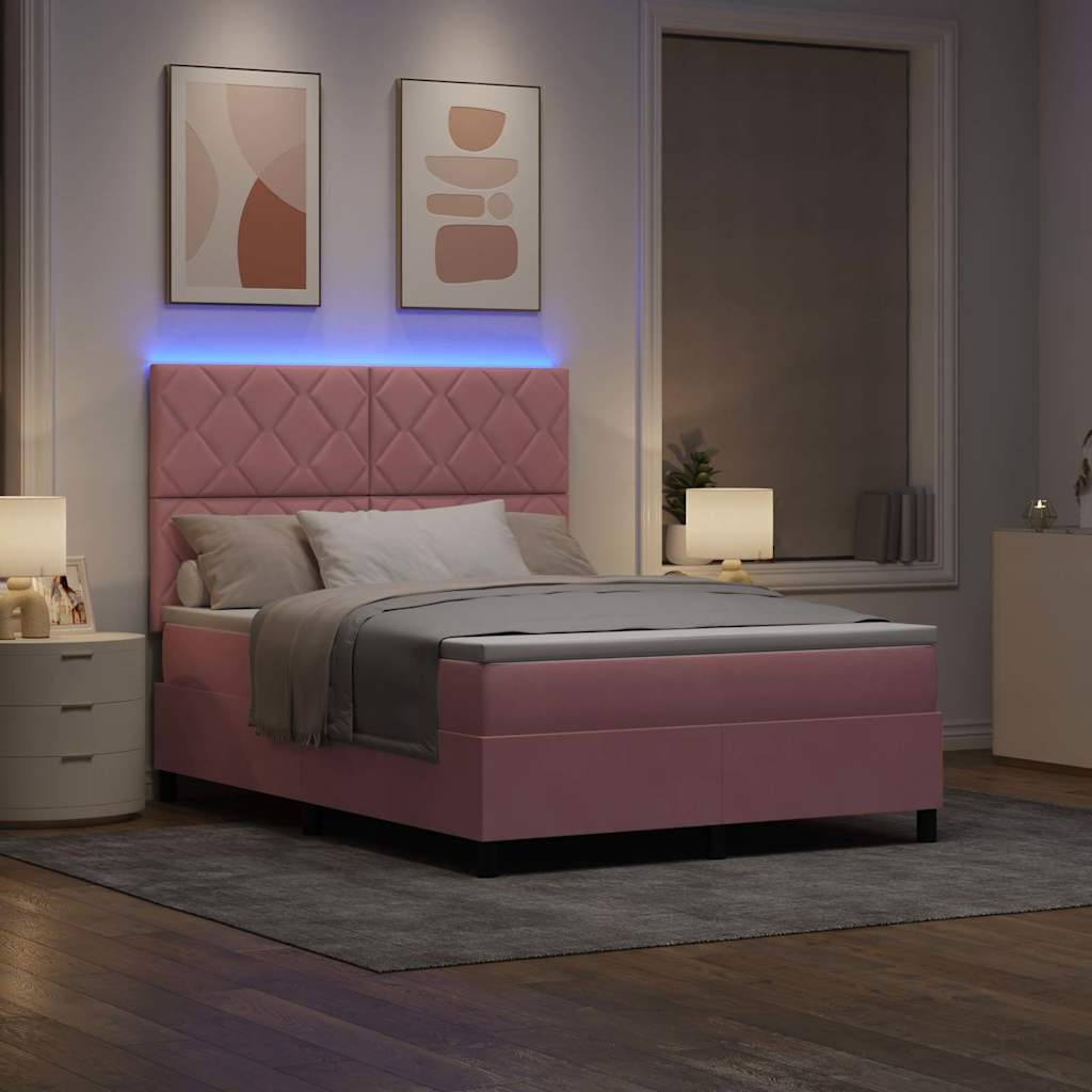 LED Box Spring Bed med hovedgærde Lyserød 140 x 190 cm Fløjl