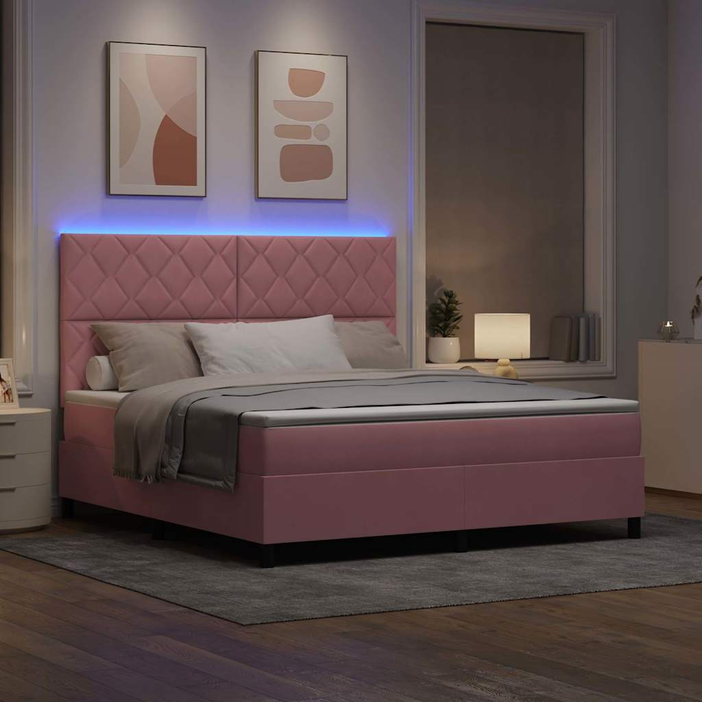 LED Box Spring Bed med hovedgærde Lyserød 180 x 200 cm Fløjl