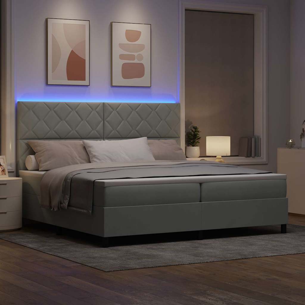 LED Box Spring Bed med hovedgærde Lysegrå 200 x 200 cm Fløjl