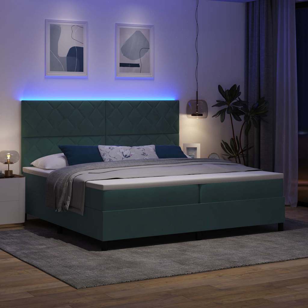 LED Box Spring Bed med hovedgærde Mørkegrøn 200 x 200 cm Fløjl