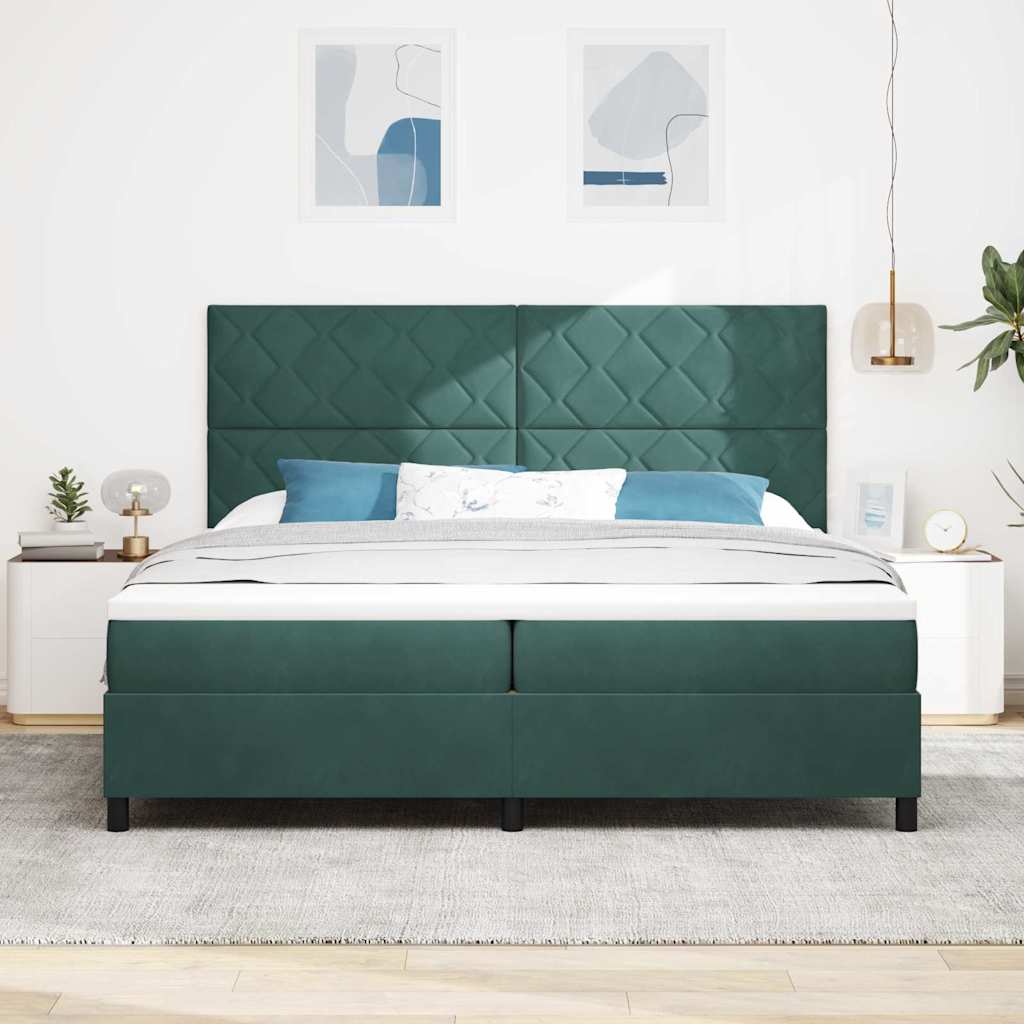 LED Box Spring Bed med hovedgærde Mørkegrøn 200 x 200 cm Fløjl