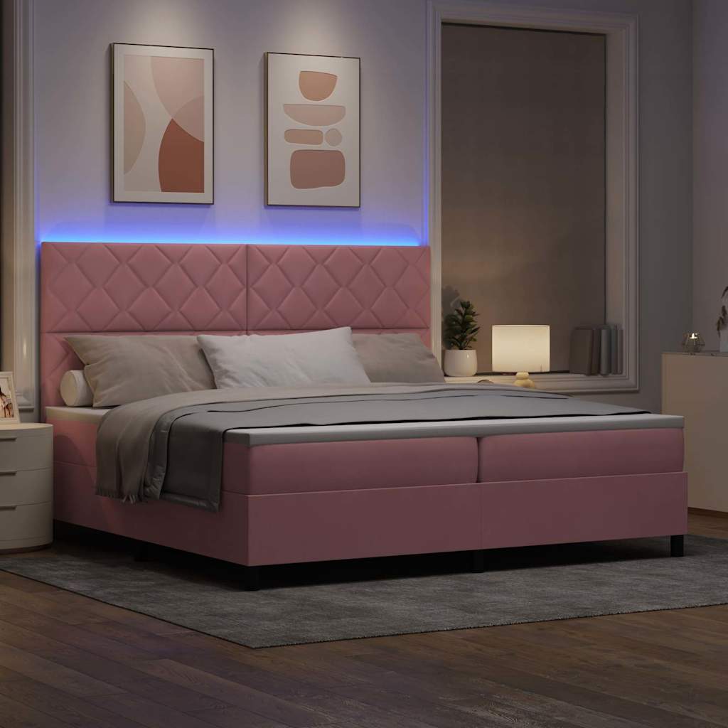 LED Box Spring Bed med hovedgærde Lyserød 200 x 200 cm Fløjl