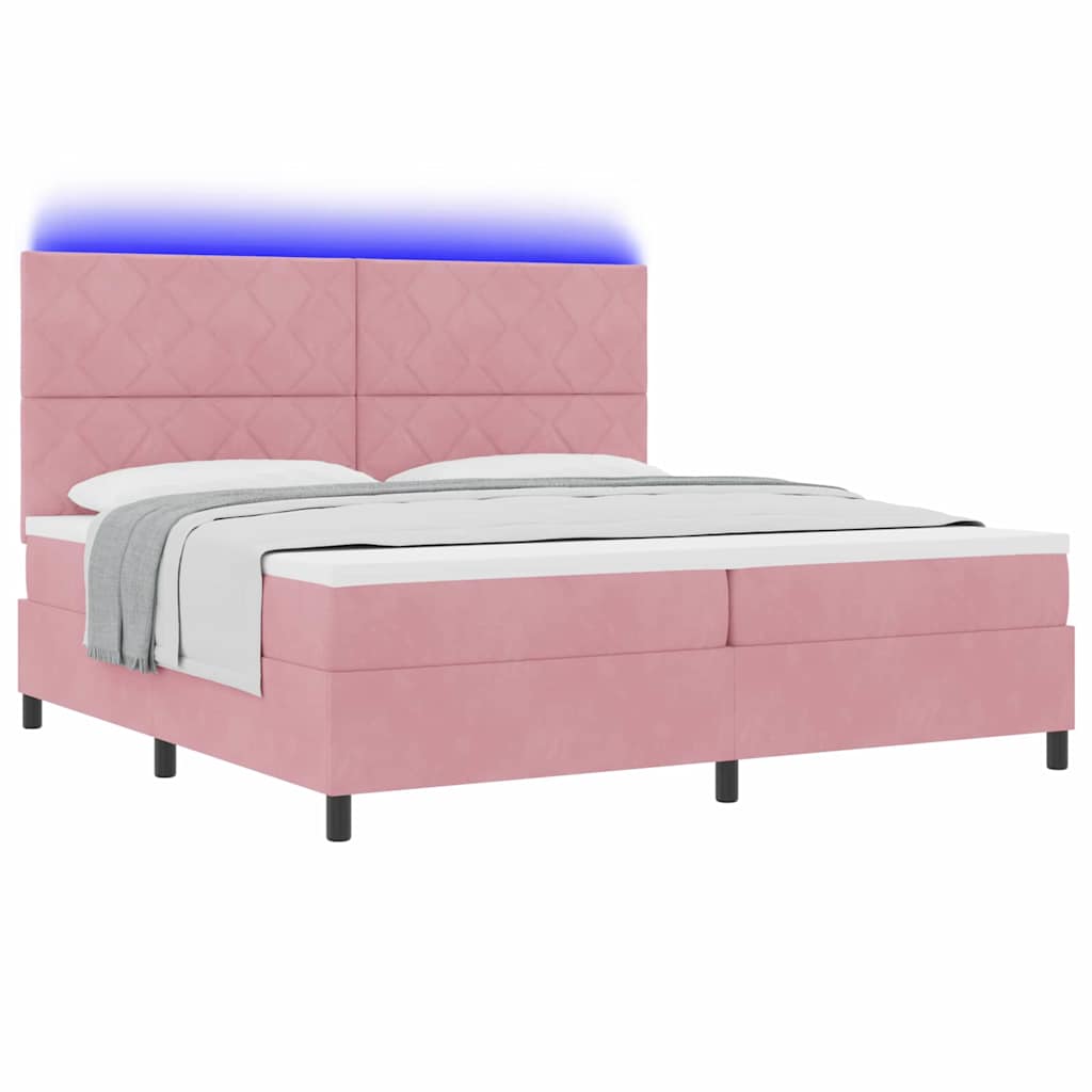 LED Box Spring Bed med hovedgærde Lyserød 200 x 200 cm Fløjl