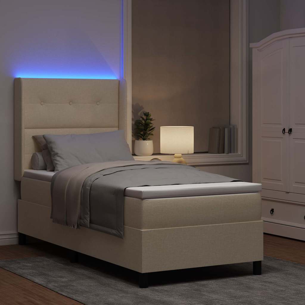 LED Box Spring Bed med hovedgærde Creme 80 x 200 cm Stof