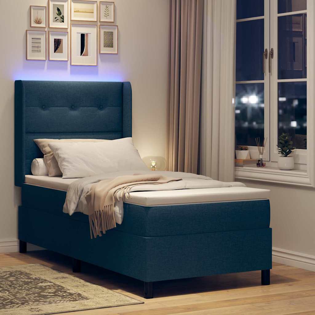 LED Box Spring Bed med hovedgærde Blå 90 x 190 cm Stof