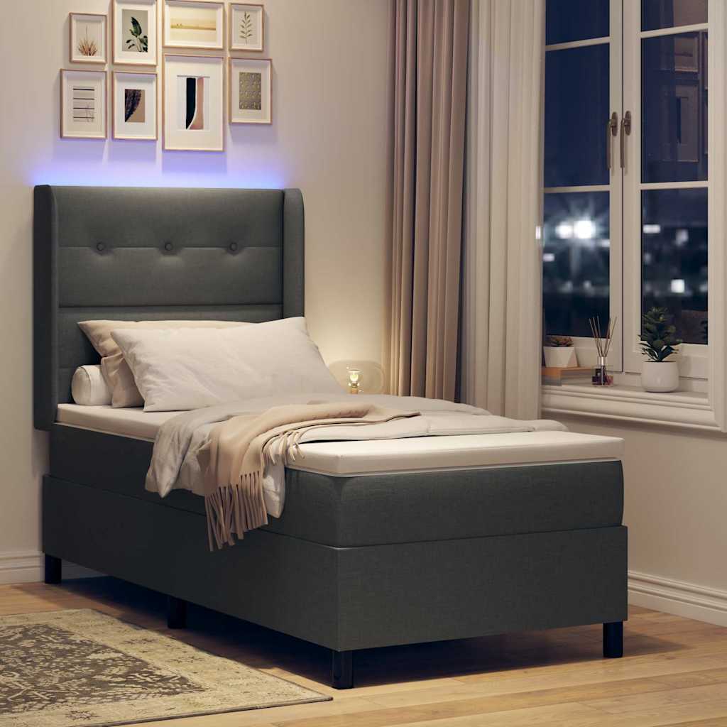 LED Box Spring Bed med hovedgærde Mørkegrå 90 x 200 cm Stof