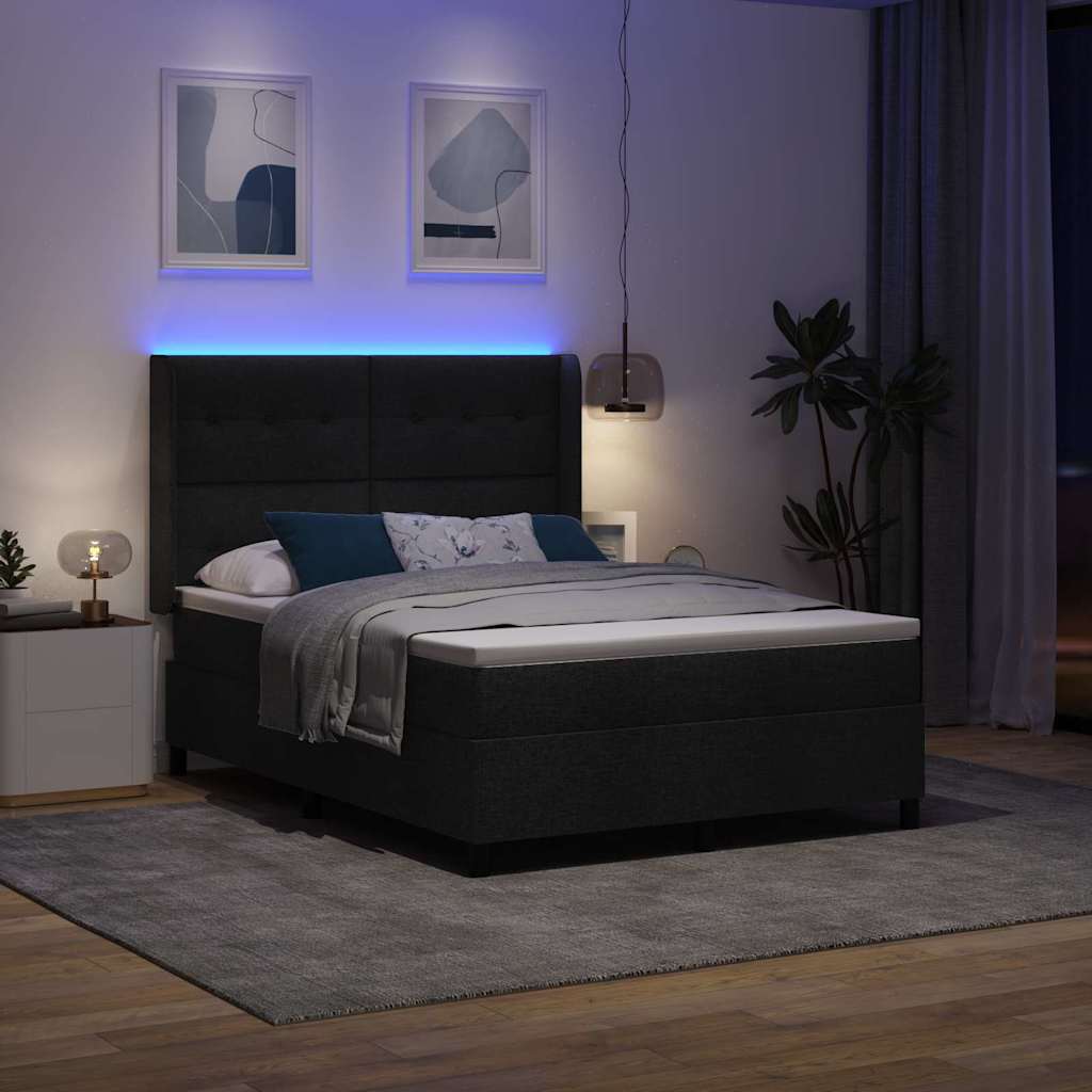 LED Box Spring Bed med hovedgærde Sort 140 x 200 cm Stof