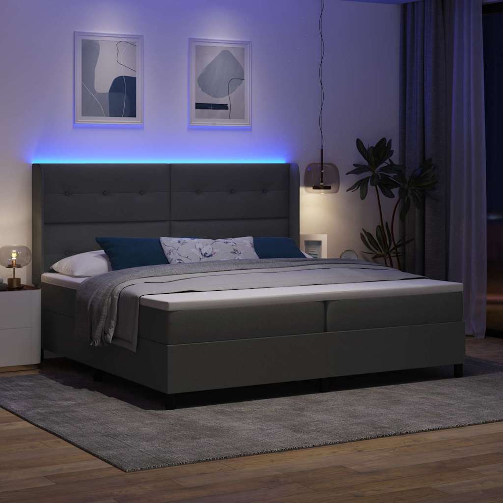 LED Box Spring Bed med hovedgærde Mørkegrå 200 x 200 cm Stof