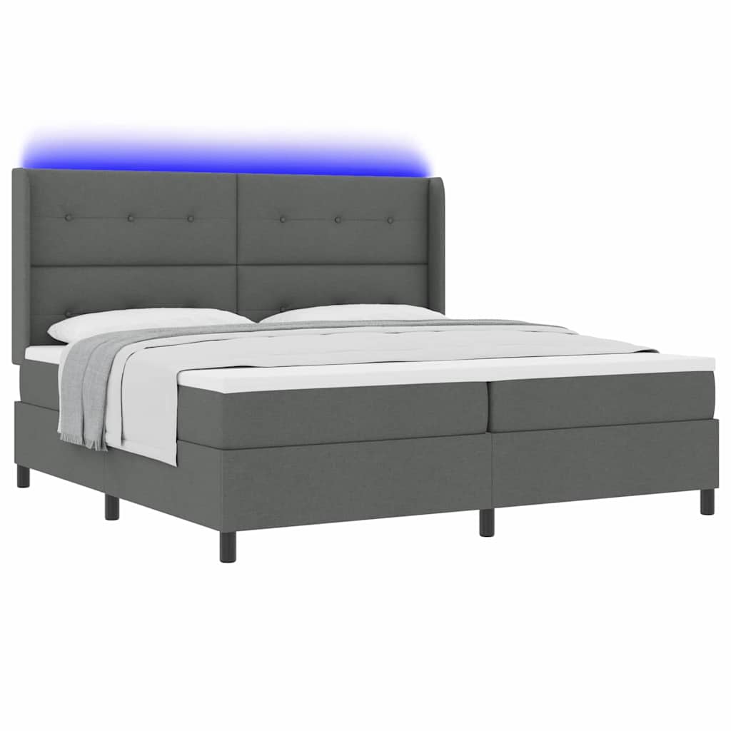 LED Box Spring Bed med hovedgærde Mørkegrå 200 x 200 cm Stof