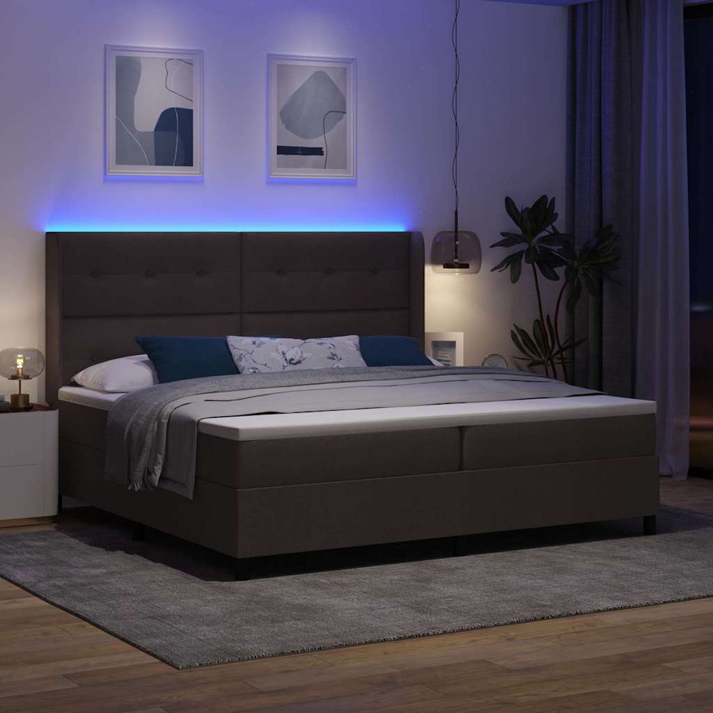 LED Box Spring Bed med hovedgærde Mørk Brun 200 x 200 cm Stof