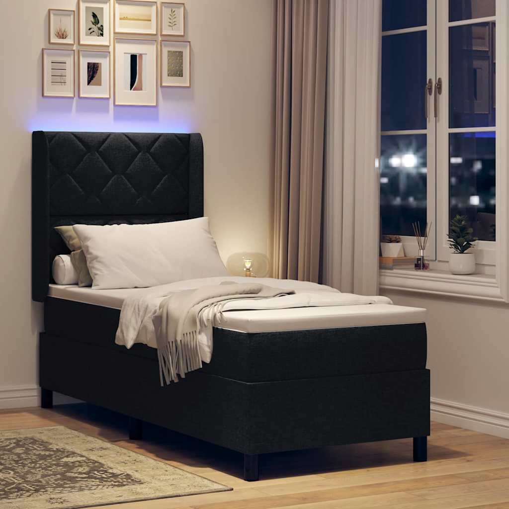 LED Box Spring Bed med hovedgærde Sort 90 x 190 cm Stof