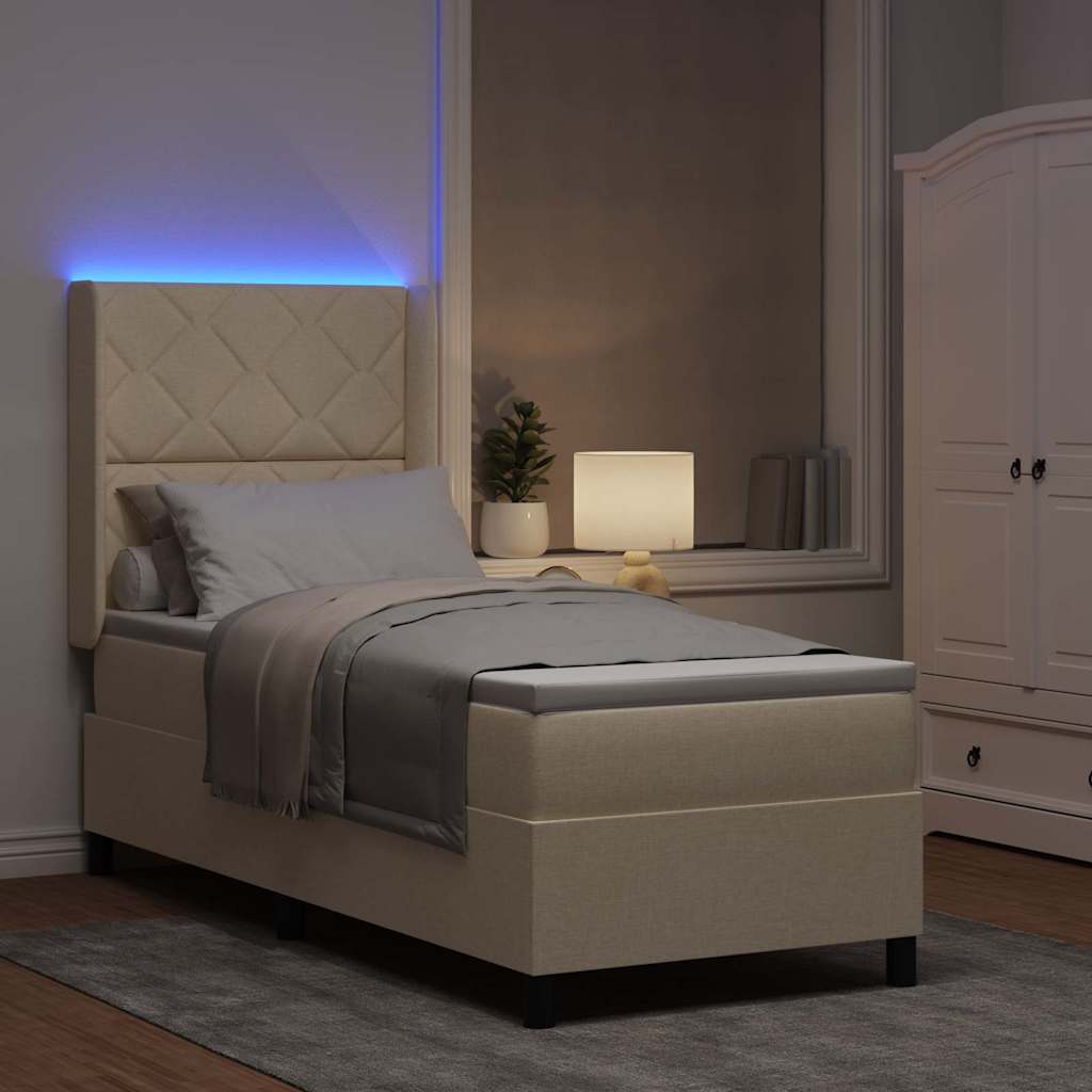 LED Box Spring Bed med hovedgærde Creme 90 x 190 cm Stof