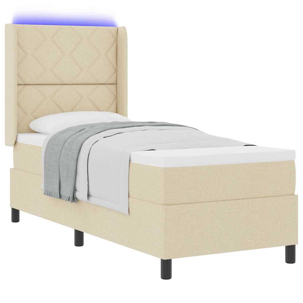 LED Box Spring Bed med hovedgærde Creme 90 x 190 cm Stof
