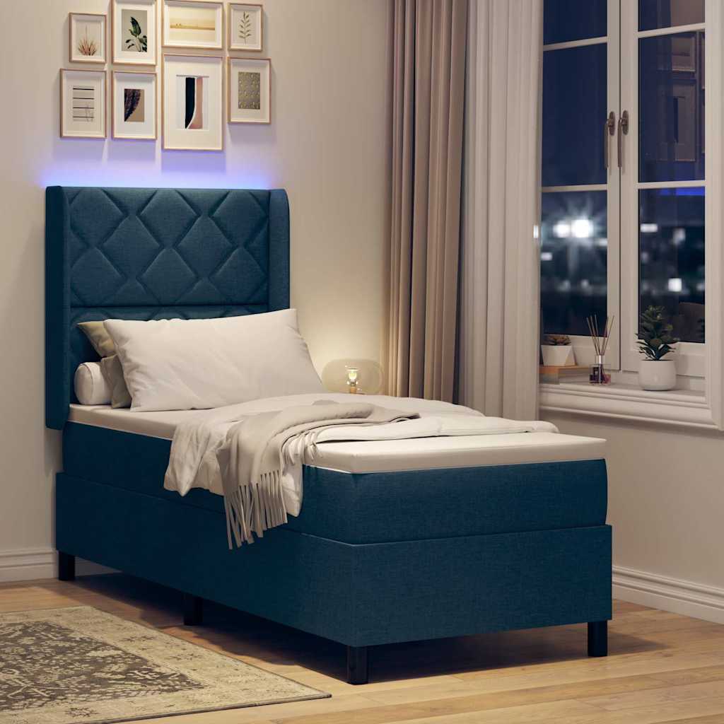 LED Box Spring Bed med hovedgærde Blå 90 x 190 cm Stof