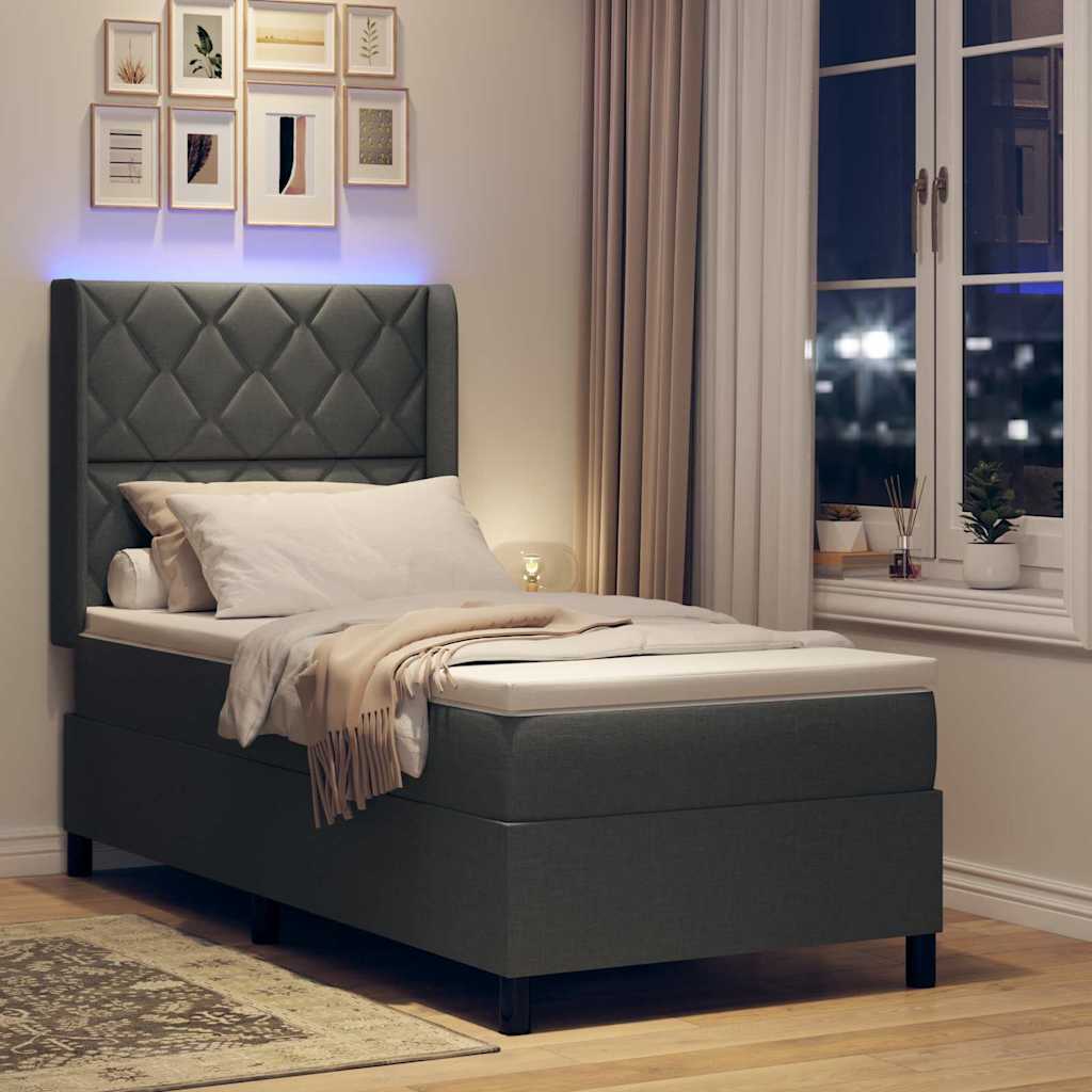 LED Box Spring Bed med hovedgærde Mørkegrå 90 x 200 cm Stof