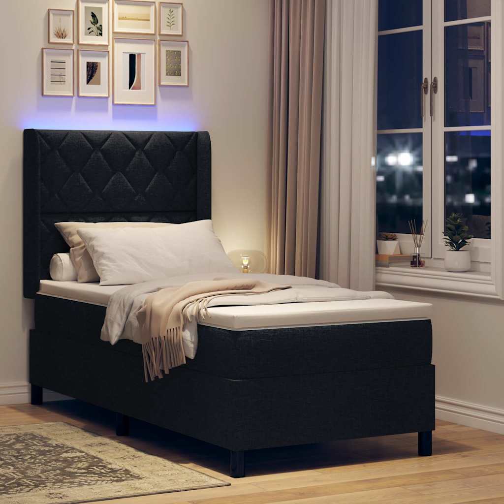 LED Box Spring Bed med hovedgærde Sort 90 x 200 cm Stof
