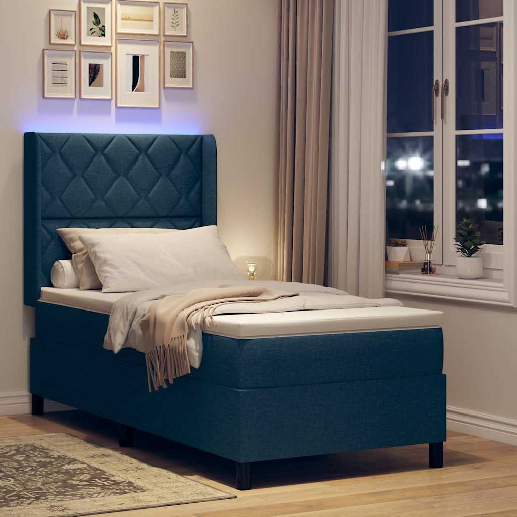 LED Box Spring Bed med hovedgærde Blå 90 x 200 cm Stof