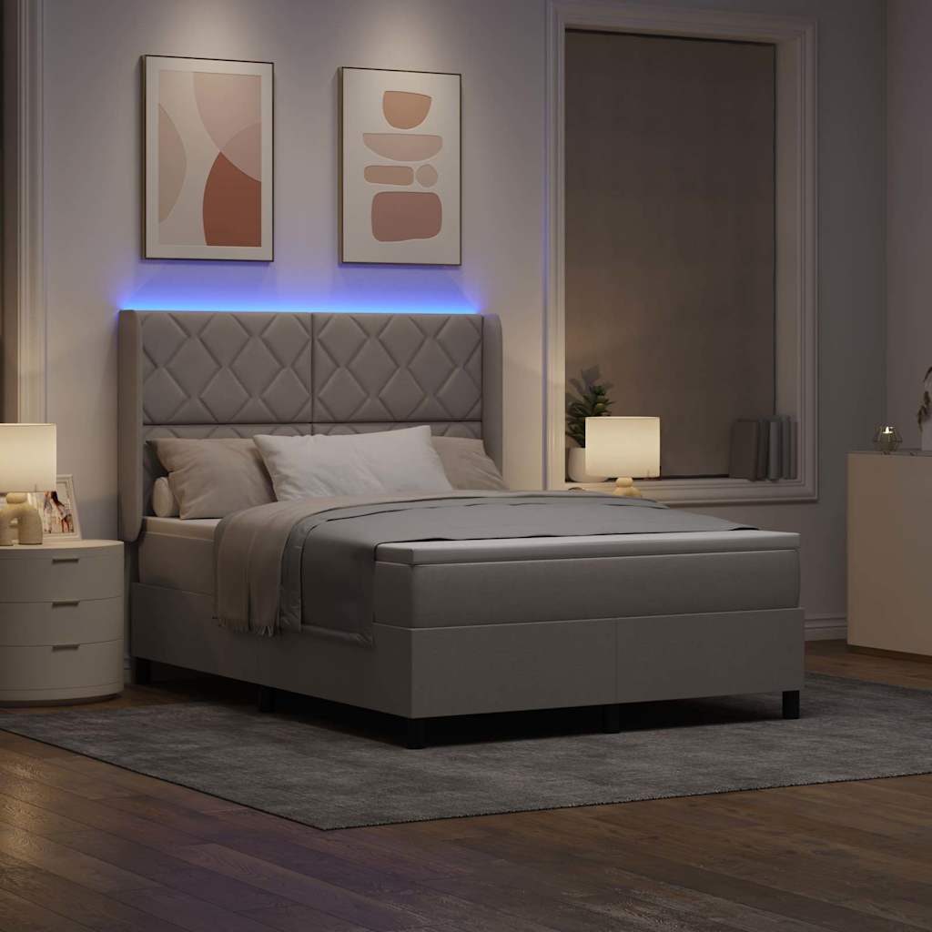 LED Box Spring Bed med hovedgærde Gråbrun 140 x 190 cm Stof