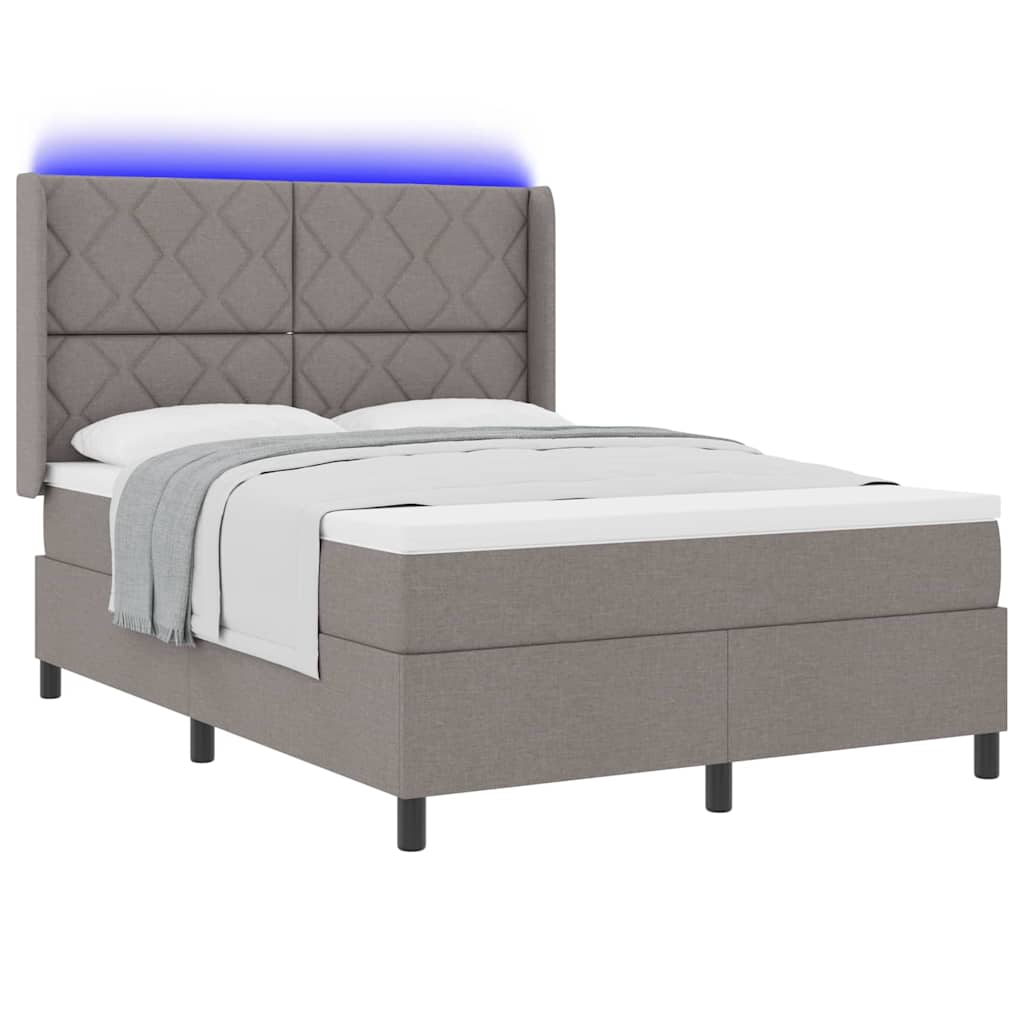 LED Box Spring Bed med hovedgærde Gråbrun 140 x 190 cm Stof