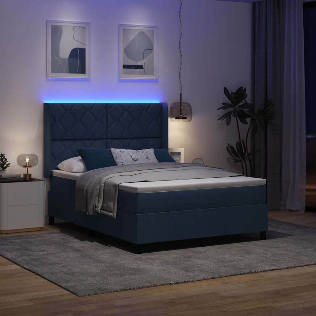 LED Box Spring Bed med hovedgærde Blå 140 x 200 cm Stof