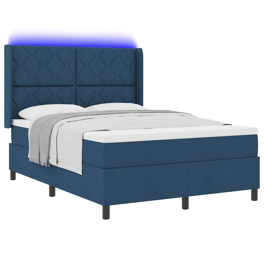 LED Box Spring Bed med hovedgærde Blå 140 x 200 cm Stof