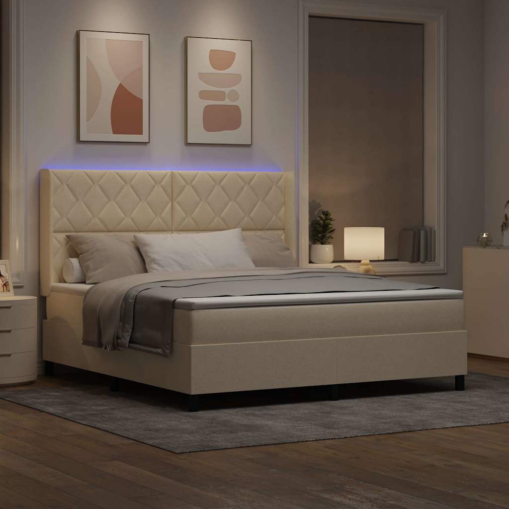 LED Box Spring Bed med hovedgærde Creme 180 x 200 cm Stof