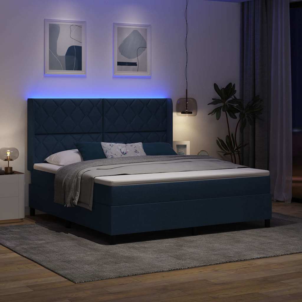 LED Box Spring Bed med hovedgærde Blå 180 x 200 cm Stof