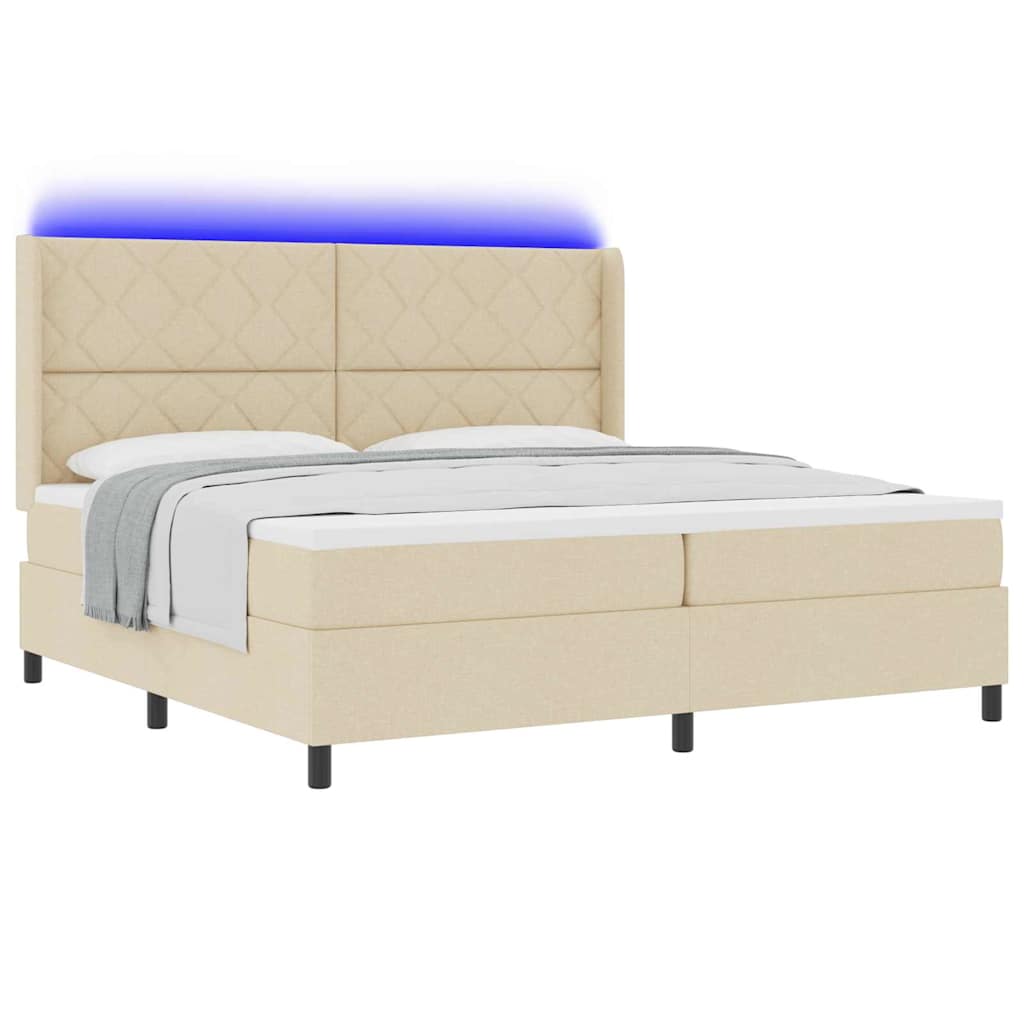 LED Box Spring Bed med hovedgærde Creme 200 x 200 cm Stof