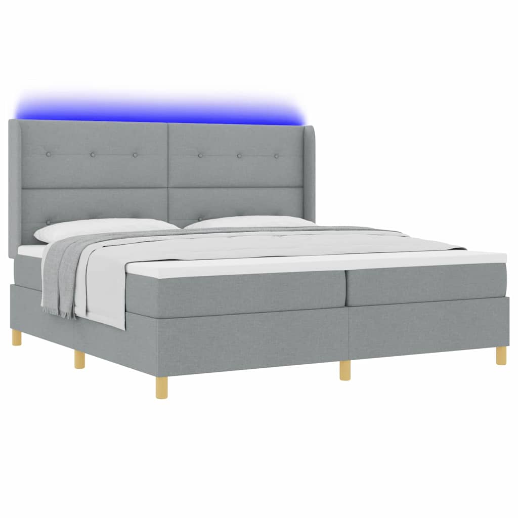 Box spring seng med LED-lysstrimler Lysegrå 200 x 200 cm Stof