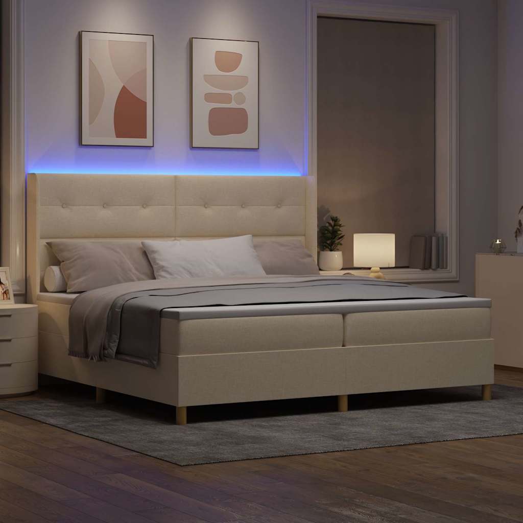Box spring seng med LED-lysstrimler Creme 200 x 200 cm Stof